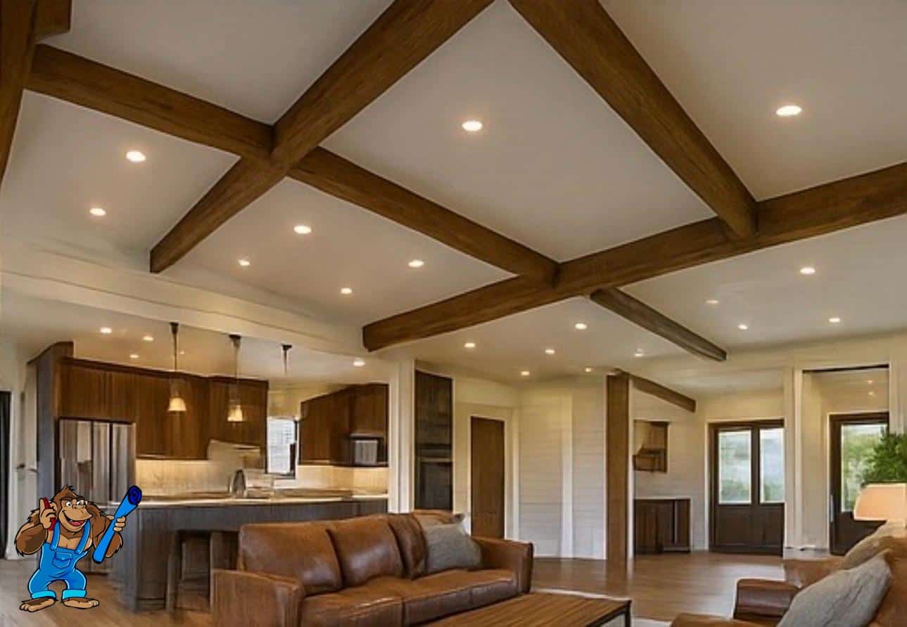 Barndominium open concept living room and kitchen interior.