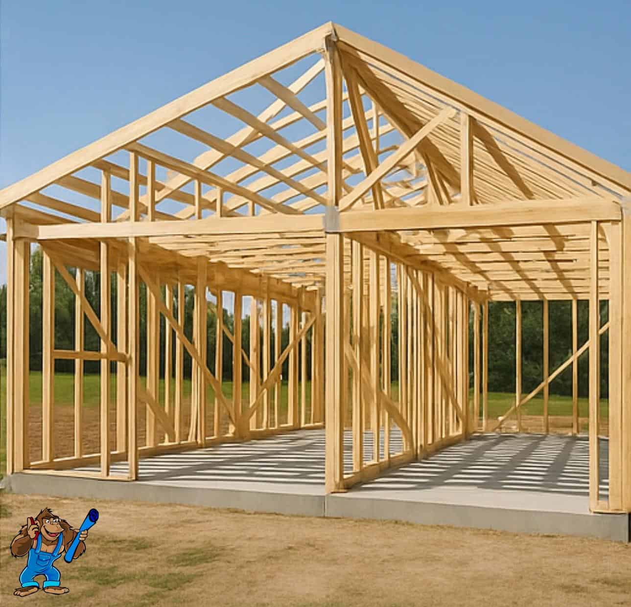 Barndominium under construction with wooden frame structure.