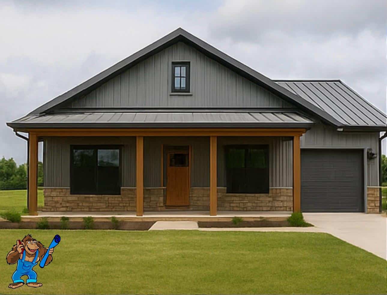 Modern barndominium exterior with metal siding and front porch.